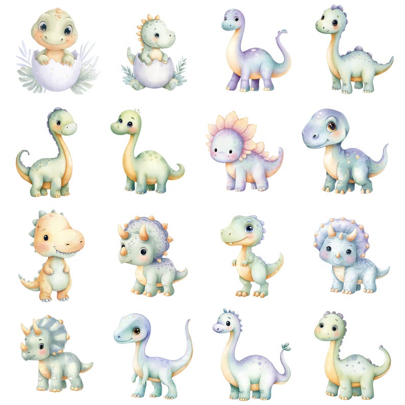 May include: Watercolor illustrations of various baby dinosaurs in pastel colors. The collection includes dinosaurs hatching from eggs, standing, and smiling. The dinosaurs are in shades of green, blue, yellow, and pink.