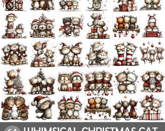 Whimsical Christmas Cats Clipart Bundle, Festive PNG Set