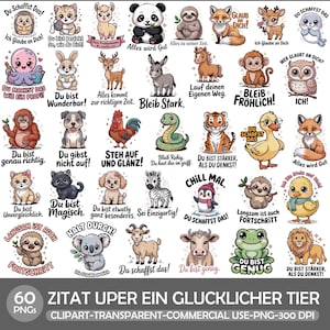 Puede incluir: Un conjunto de 60 imágenes prediseñadas PNG con animales de dibujos animados y frases motivacionales en alemán. Las ilustraciones incluyen un erizo, un gato, un panda, un perezoso, un zorro, un pulpo, un conejo, un ciervo, un burro, un caballo, un mono, un búho, un orangután, un perro, un gallo, una serpiente, un tigre, un pato, etc.