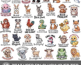 60 Motivational Animal Quotes Clipart Bundle – German Cute Animals PNG Set – Positive Sayings, Kids Nursery, T-Shirt Designs