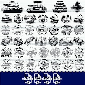 Op de afbeelding: Een set van 34 zwart-witte SVG-snijbestanden met pontonbootontwerpen. De ontwerpen bevatten zinnen als "Pontoon Captain", "Pontoon Crew", "Life is Better on the Boat" en "My Boat My Rules".
