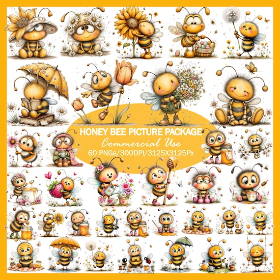 Honey Bee Clipart Bundle, Cute Bumble Bee PNG, Watercolor Bee Characters, Spring Bee Graphics, Nursery Clipart, Commercial Use