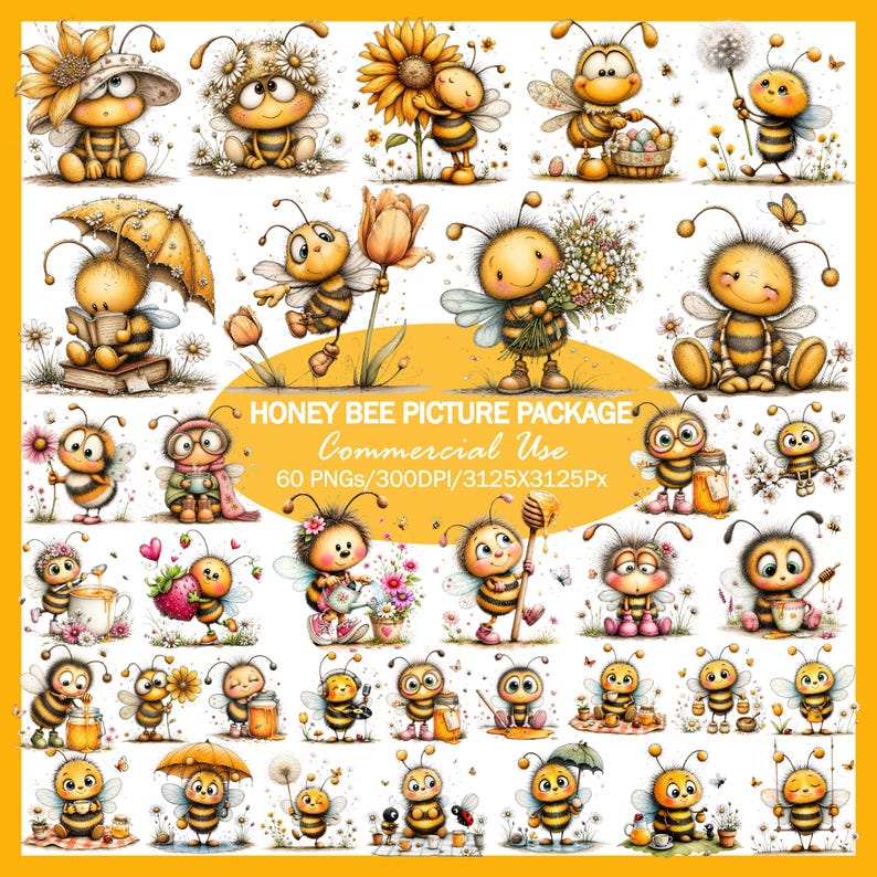 K&ouml;nnte beinhalten: Eine digitale Sammlung von Cartoon-Honigbienen-Illustrationen in verschiedenen Posen, darunter mit Blumen, Regenschirmen, Honigt&ouml;pfen und B&uuml;chern, mit dem Text HONEY BEE PICTURE PACKAGE Commercial Use 60 PNGs 300DPI 3125X3125Px.