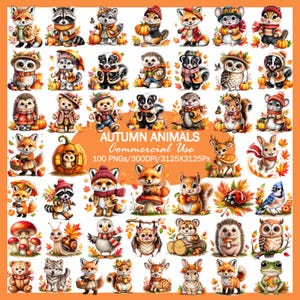 May include: A collection of digital illustrations featuring various woodland animals including foxes, raccoons, owls, hedgehogs, and squirrels dressed in autumn clothing, surrounded by pumpkins, mushrooms, and fall leaves, with the text AUTUMN ANIMALS.