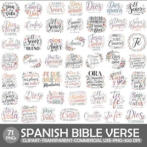 Puede incluir: Colección de 71 imágenes prediseñadas de versículos bíblicos en español. Cada diseño presenta citas inspiradoras con elementos florales y decorativos. El texto incluye frases como "Dios es Amor" y "Pan de Vida".