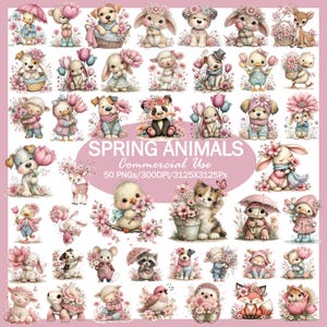 Può includere: Una collezione di illustrazioni ad acquerello con adorabili animali primaverili. L'immagine include cuccioli, coniglietti, anatre, un panda e altre creature, tutti adornati con fiori e accessori a tema primaverile. Il testo recita "SPRING ANIMALS COMMERCIAL USE".
