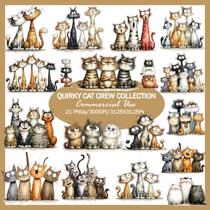 Op de afbeelding: Een verzameling eigenzinnige kattenillustraties in verschillende poses en kleuren, waaronder oranje, zwart, grijs en wit. De tekst "QUIRKY CAT CREW COLLECTION" wordt weergegeven, samen met "Commercial Use" en beeldspecificaties.
