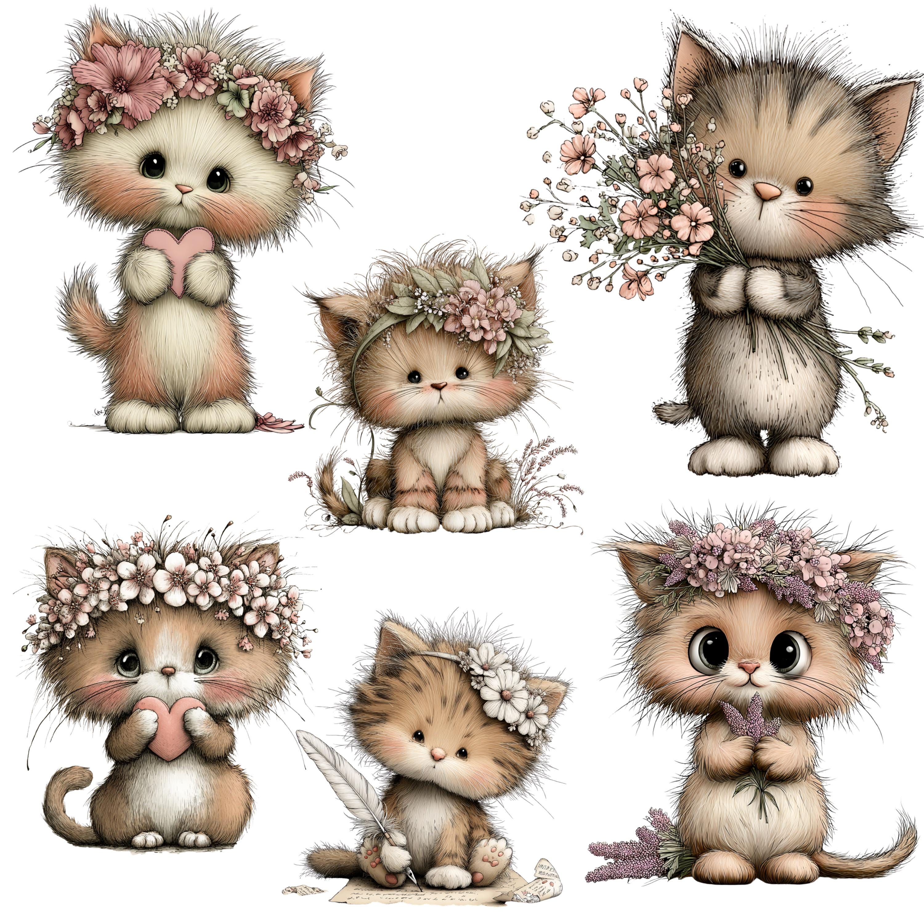 Floral Cat Watercolor Clipart Bundle, Spring Kitten PNG (commercial Use ...