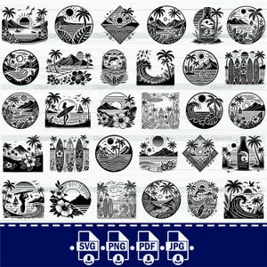 Könnte beinhalten: Ein Set mit 30 Schwarzweiß-Digitalillustrationen von Strandszenen, darunter Palmen, Wellen, Surfbretter und Sonnenuntergänge. Die Illustrationen eignen sich perfekt für die Erstellung von T-Shirts, Tassen, Tragetaschen und anderen Produkten.