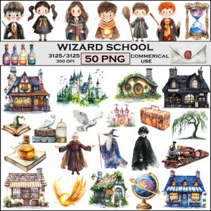 May include: A digital collection of watercolor illustrations featuring wizard school themes, including characters, a castle, a train, potions, an hourglass, a globe, and various buildings, with the text WIZARD SCHOOL 50 PNG 3125/3125 300 DPI.