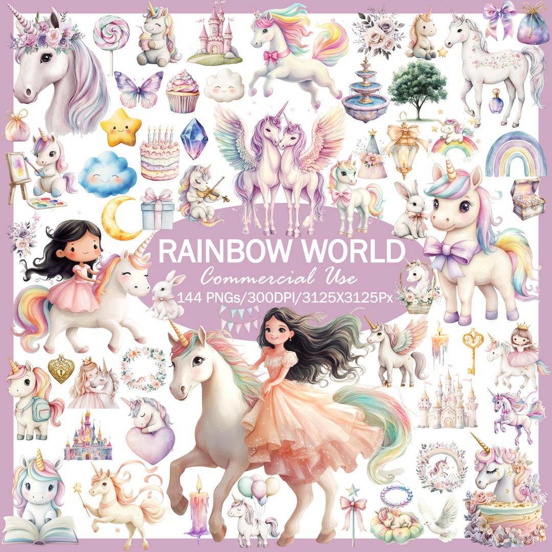 Pastel Unicorn Clipart Bundle, Rainbow Fantasy PNG Graphics (digital ...