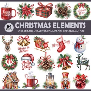 May include: A collection of watercolor Christmas elements, including a mug with "Warm Wishes", a gift box, pine cones, a wreath, a reindeer, bells, a sleigh, a stocking, a snowman, a Santa hat, a gingerbread house, and a nutcracker. The text "Christmas Elements" is also present.