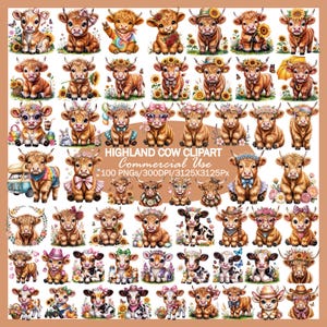 Höglandsko Clipart Bundle, Söt Kounge PNG, Boho Farm Animal Clipart, Blommig Ko Akvarell, Kawaii Kalv Clipart, Kommersiellt Använd PNG,