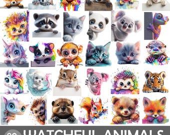 Clipart di animali con grandi occhi colorati • 90 illustrazioni PNG (download digitale)