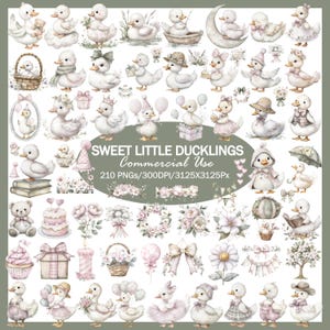 May include: A collection of watercolor illustrations featuring adorable ducklings in various poses and outfits, along with floral elements and decorative items. The text reads "Sweet Little Ducklings Commercial Use".