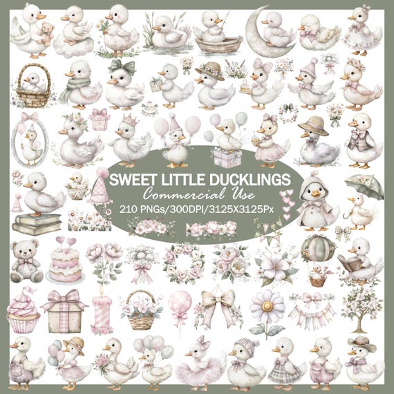 Watercolor Ducklings Clipart Bundle, Baby Shower Graphics, Spring PNG (Digital Download)