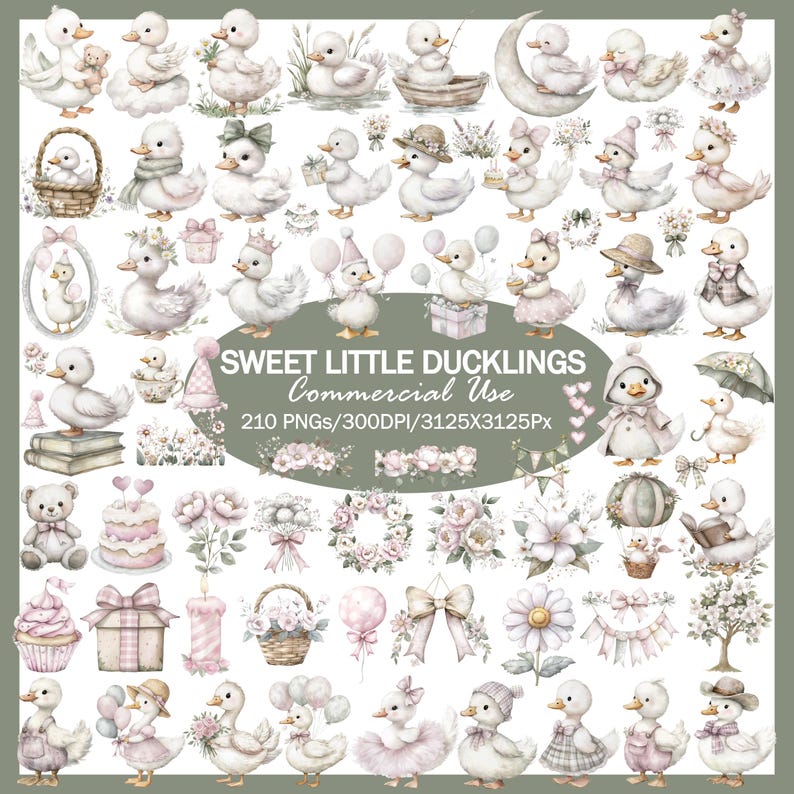 May include: A collection of watercolor illustrations featuring adorable ducklings in various poses and outfits, along with floral elements and decorative items. The text reads "Sweet Little Ducklings Commercial Use".
