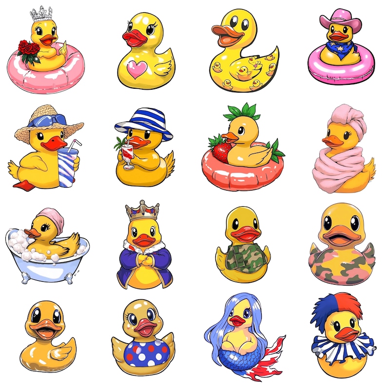 Cartoon Rubber Duck Clipart Bundle, Funny Character PNG Set, Yellow ...
