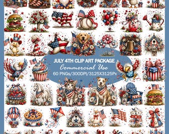 May include: A digital collection of 60 patriotic clip art images featuring American flags, eagles, gnomes, animals, and festive food items. The central text reads JULY 4TH CLIP ART PACKAGE Commercial Use 60 PNGs/300DPI/3125X3125Px on a blue background.
