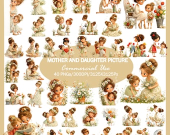 Mother and Daughter Clipart Bundle, Cute Family Illustration PNG Set, Floral Mom and Child Graphics, Watercolor Style, Commercial