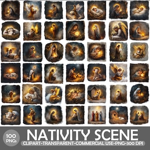 May include: A set of 100 PNG images illustrating scenes from the Nativity. The images feature religious figures, angels, and animals, all rendered in a warm, golden hue. The text "NATIVITY SCENE" is visible at the bottom.