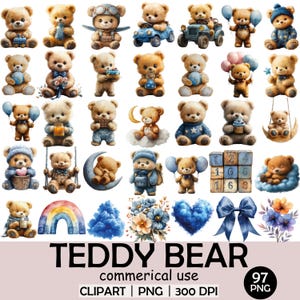 Zestaw 97 akwarelowych misiów clipart PNG – 300 DPI przezroczyste tło Przewodnik PDF i pobieranie PNG – 3125×3125 px do scrapbookingu