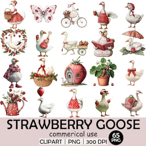 Strawberry Goose Clipart Bundle | 65 PNG | Watercolor Goose with Strawberry | 3125x3125 px | 300 DPI | Transparent Background
