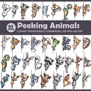 Puede incluir: Ilustración digital con 28 animales de dibujos animados asomándose por detrás de líneas verticales. Los animales incluyen un oso polar, un pingüino, un cerdo, un ratón, un narval, un perro, una tortuga, un zorro, un caballo, un conejo y más. El texto dice "Peeking Animals".