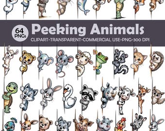 May include: A digital illustration featuring 28 cartoon animals peeking from behind vertical lines. The animals include a polar bear, penguin, pig, mouse, narwhal, dog, turtle, fox, horse, rabbit, and more. Text reads "Peeking Animals".