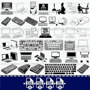 以下が含まれることがあります： 白黒のコンピューターとキーボードのイラストの集まり。イラストには、デスクトップコンピューター、ラップトップ、キーボード、マウスが含まれています。イラストは、ウェブサイト、アプリ、ソーシャルメディアなどのデジタル製品で使用するために最適です。