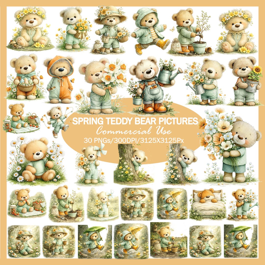 Spring Teddy Bear Clipart, Watercolor PNG Bundle, Garden Nursery Decor ...