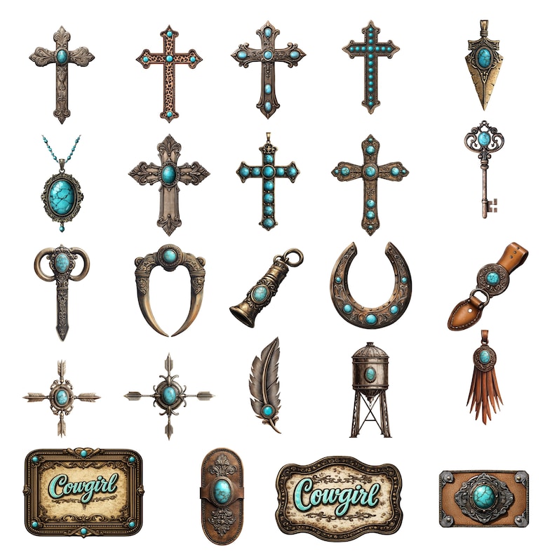 Puede incluir: Una colecci&oacute;n de joyas y accesorios de tem&aacute;tica Western, que incluye cruces, colgantes, una llave, una herradura y un letrero que dice "Cowgirl". Los art&iacute;culos presentan detalles turquesa y una est&eacute;tica r&uacute;stica y vintage.