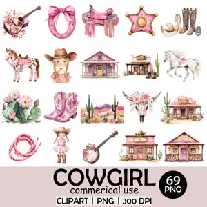 Conjunto de clipart de cowgirl em aquarela – celeiro rosa ocidental, cavalos, animais de fazenda e elementos de rodeio – 69 PNG