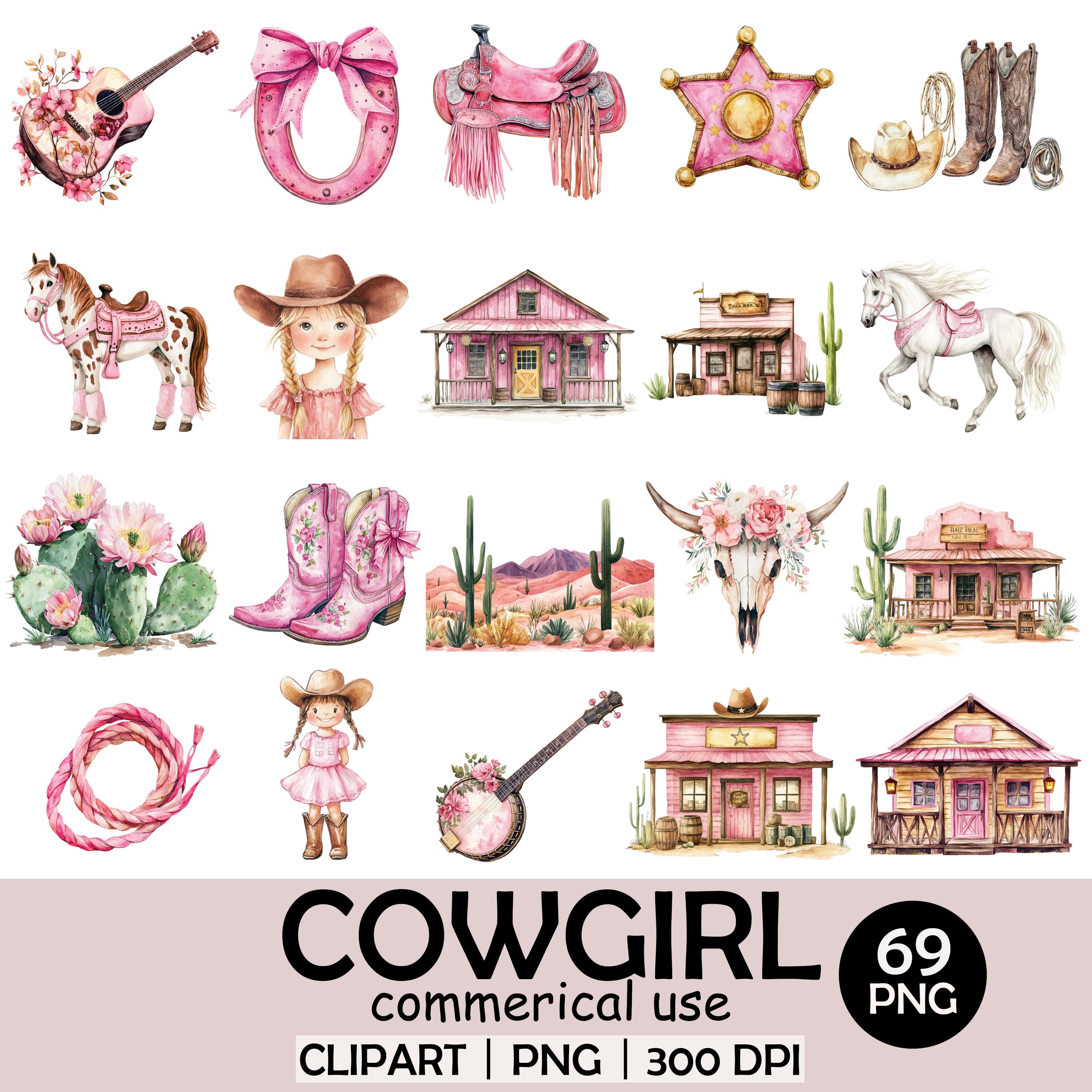 Watercolor Cowgirl Clipart Set – Western Pink Barn, Horses, Farm Animals & Rodeo Elements – 69 PNG