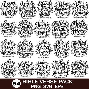 May include: A collection of twenty black and white digital graphic designs featuring various Bible verses in decorative calligraphy. Each circular design includes floral accents and stars, with text such as I am the way, The Lord is my shepherd, and Made for more.