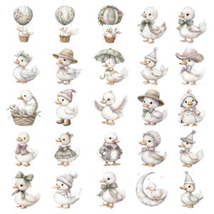 May include: Watercolor illustrations of charming ducklings in various outfits and settings. Some ducklings wear hats, bows, and coats. Others are in hot air balloons or holding umbrellas. The color palette is soft, with pastel shades of white, pink, and green.