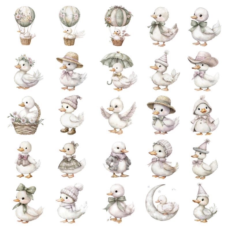 May include: Watercolor illustrations of charming ducklings in various outfits and settings. Some ducklings wear hats, bows, and coats. Others are in hot air balloons or holding umbrellas. The color palette is soft, with pastel shades of white, pink, and green.