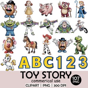 Paquete de imágenes prediseñadas de acuarela de Toy Story / 107 PNG / Buzz Lightyear, Woody, Jessie, Alien, Mr Potato, Lotso, ABC 123 letras / Descarga digital