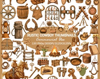 Rustic Western Clipart Bundle, Cowboy Elements PNG (Commercial Use, 130 Files)
