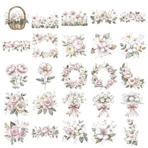 May include: Watercolor floral clipart featuring various arrangements of flowers in soft pink, white, and green hues. Includes bouquets, wreaths, and individual blooms, along with a basket of flowers. Perfect for crafting and design projects.