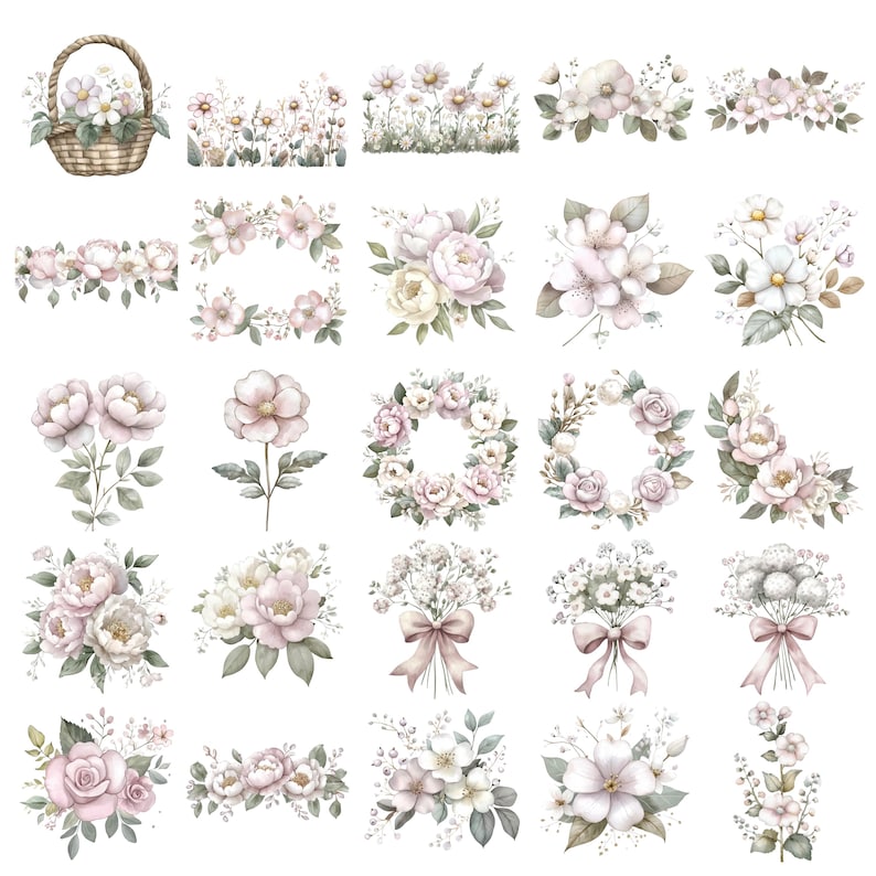 May include: Watercolor floral clipart featuring various arrangements of flowers in soft pink, white, and green hues. Includes bouquets, wreaths, and individual blooms, along with a basket of flowers. Perfect for crafting and design projects.