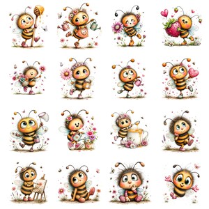 K&ouml;nnte beinhalten: Eine Sammlung von sechzehn Illustrationen mit Cartoon-Bienen mit gro&szlig;en Augen und gestreiften K&ouml;rpern. Die Bienen sind bei verschiedenen Aktivit&auml;ten dargestellt, darunter das Halten von Honigl&ouml;ffeln, das Gie&szlig;en von Blumen, das Tragen von Erdbeeren, das Malen auf Leinw&auml;nden und das Interagieren mit Herzen.