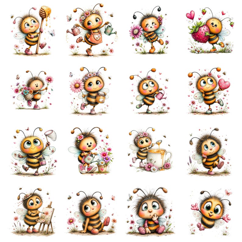 K&ouml;nnte beinhalten: Eine Sammlung von sechzehn Illustrationen mit Cartoon-Bienen mit gro&szlig;en Augen und gestreiften K&ouml;rpern. Die Bienen sind bei verschiedenen Aktivit&auml;ten dargestellt, darunter das Halten von Honigl&ouml;ffeln, das Gie&szlig;en von Blumen, das Tragen von Erdbeeren, das Malen auf Leinw&auml;nden und das Interagieren mit Herzen.