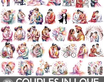 May include: A collection of 73 PNG images featuring watercolor illustrations of couples in various romantic poses. The images include couples embracing, holding hands, and sharing intimate moments. The color palette is soft, with pastel hues and heart motifs. Text: COUPLES IN LOVE.