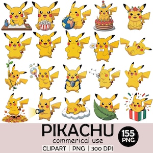 Pikachu Clipart Set - 155 PNG-Bundle, süße Pokemon Grafiken, transparenter Hintergrund, 300 DPI, 3125x3125 Größe, kommerzielle Nutzung