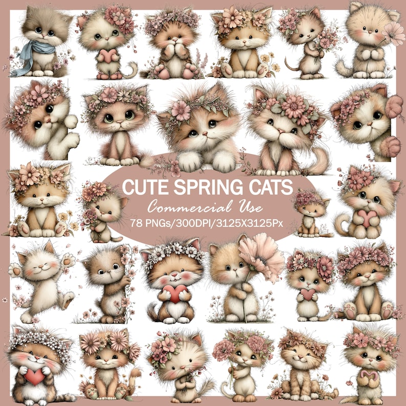 Floral Cat Watercolor Clipart Bundle, Spring Kitten PNG (commercial Use ...