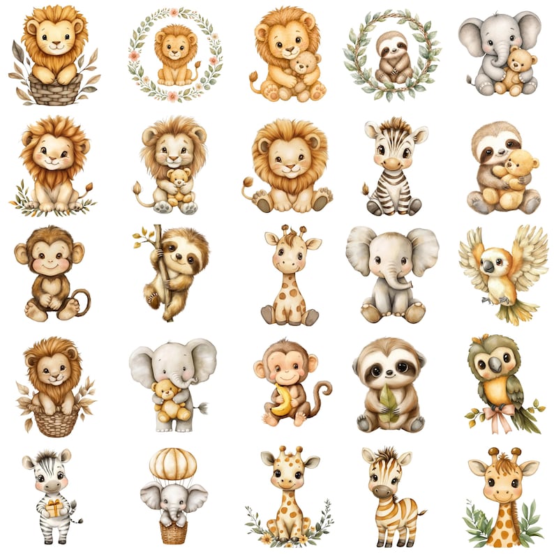 Safari Animals Clipart Bundle, Jungle Birthday PNG Set, Baby Safari ...