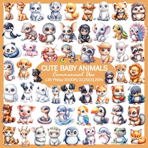 Könnte beinhalten: Eine Sammlung von 48 Aquarellillustrationen von niedlichen Babytieren. Zu den Tieren gehören eine Giraffe, ein Leopard, ein Entlein, ein Panda, ein Axolotl, ein Hummer, eine Eule, ein Welpe, ein Zebra, ein Schwein, ein Pinguin und mehr. Der Text "CUTE BABY ANIMALS COMMERCIAL USE" wird angezeigt.