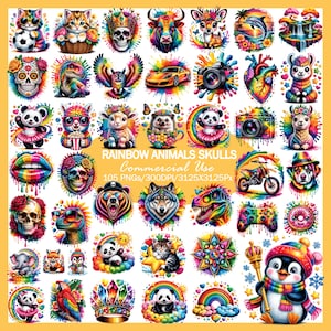May include: A digital collection of rainbow-colored illustrations featuring animals, skulls, cameras, and objects. The text RAINBOW ANIMALS SKULLS Commercial Use 105 PNGs/300DPI/3125X3125Px is centered on a yellow background with various vibrant graphics.