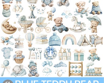 Puede incluir: Una colección de 61 ilustraciones en acuarela con osos de peluche azules y objetos temáticos para bebés. Las imágenes incluyen osos de peluche en varias poses, cochecitos, juguetes y elementos decorativos. El texto en la parte inferior dice "BLUE TEDDY BEAR" y "CLIPART-TRANSPARENT-COMMERCIAL USE-PNG-300 DPI".